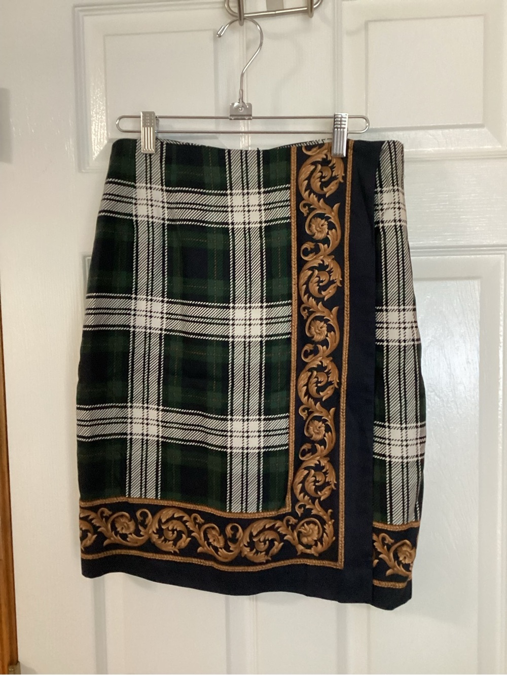 Brooks Brothers Green and Black Plaid Pencil Skirt with Gold Scroll Trim